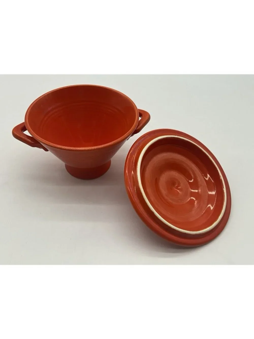 Homer Laughlin Harlequin Creamer and Lidded Sugar Bowl in a Red-Orange Glaze VTG